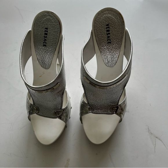 Versace Shoes - Gianni Versace Silver Leather White Slide Heels Italy 37 1/2 (US 7 1/2) EUC.